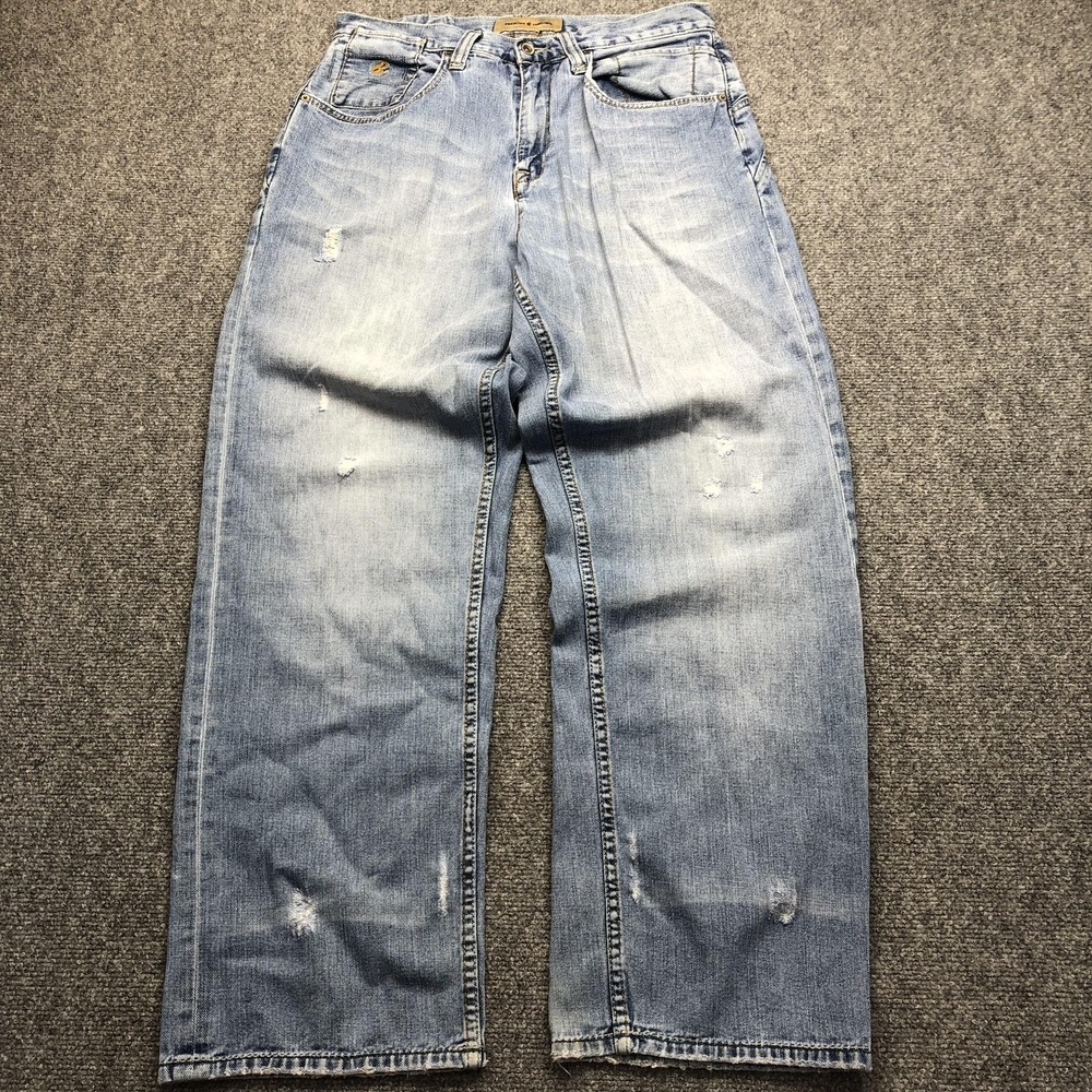 Rocawear Jeans Mens 34x30 Light Wash Blue Relaxed Wide Leg Distressed Denim